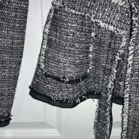 Ann Taylor Fringe Edged Wrap Jacket Sz 0 chiffon trim tweed belt hook closure - Picture 3 of 8